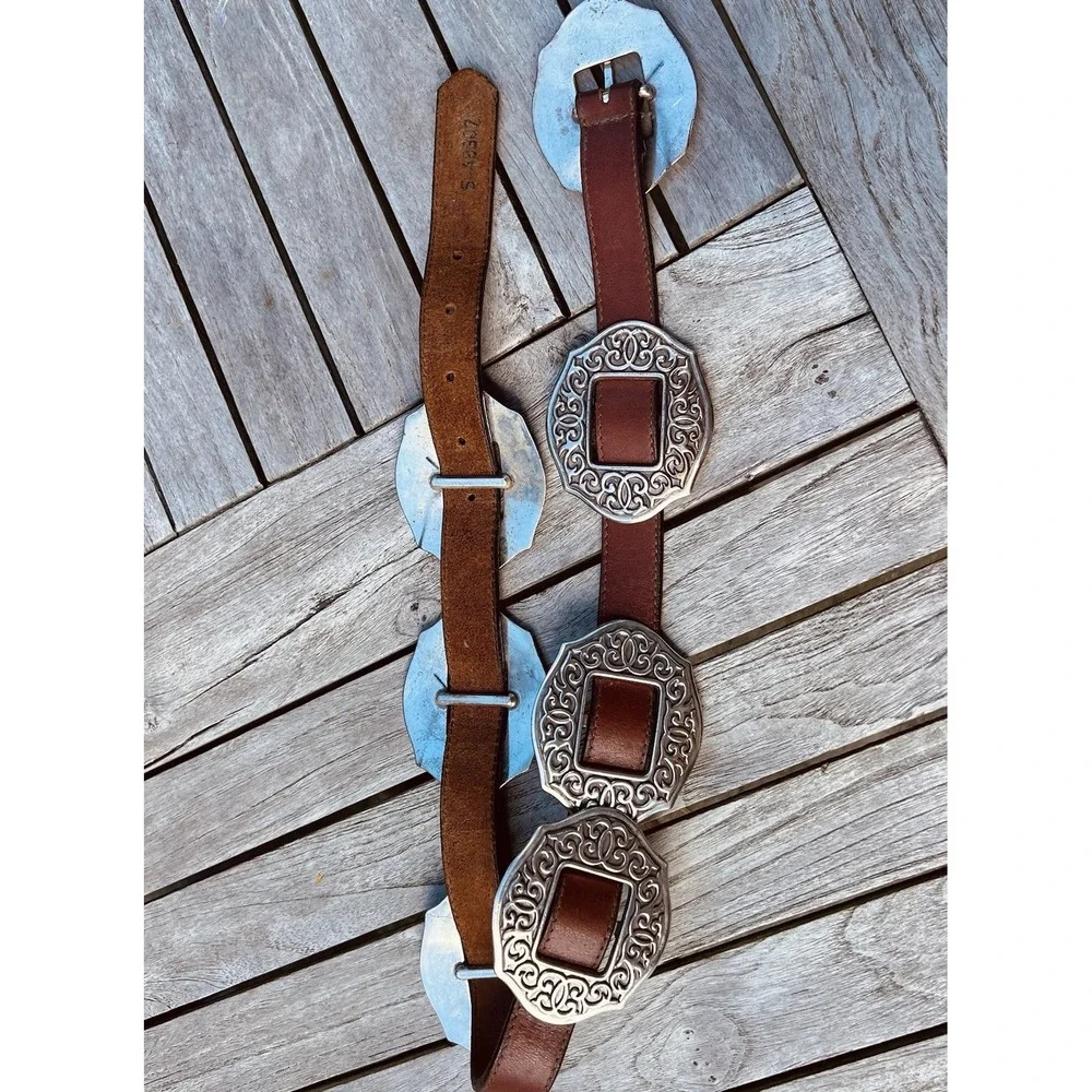 Vtg 90's Brighton Oval Sunflower Concho Belt S Brown Leather Floral Boho Cowgirl - Picture 13 of 15